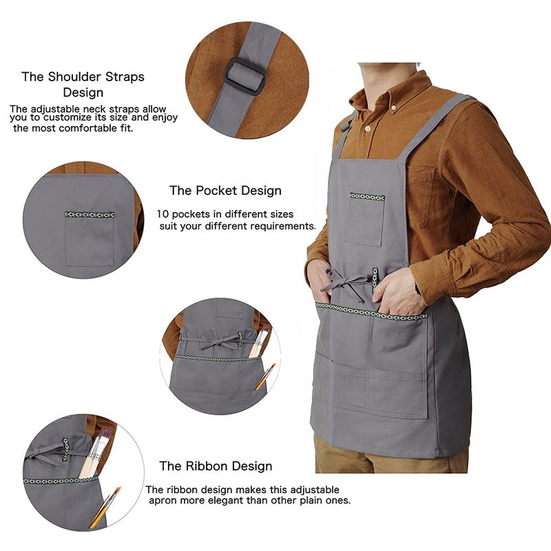 FreeNFond Adjustable Artist Apron with Pockets for Women Men Canvas Painting Aprons for Arts Gardening Utility or Work - Image 3